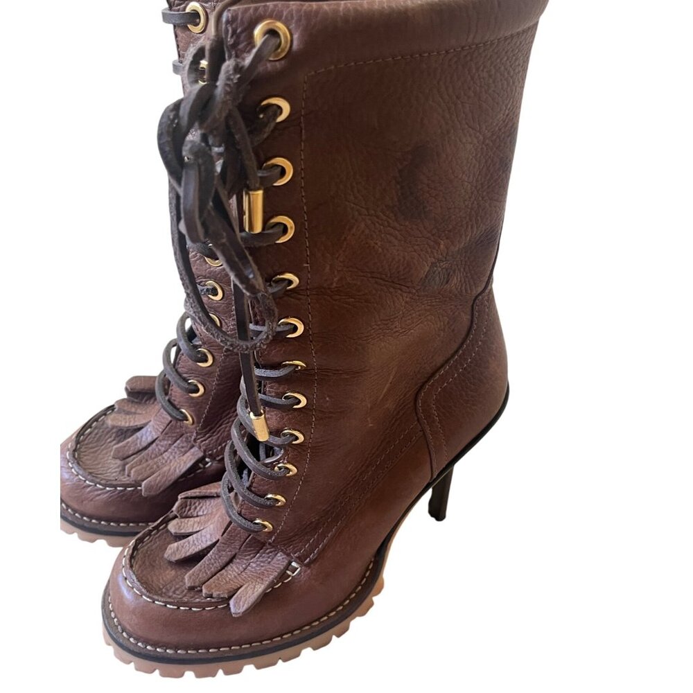 Tory Burch Trigg Heeled/Platform Lug Sole Lace Up Boots Size 7.5 Brown
